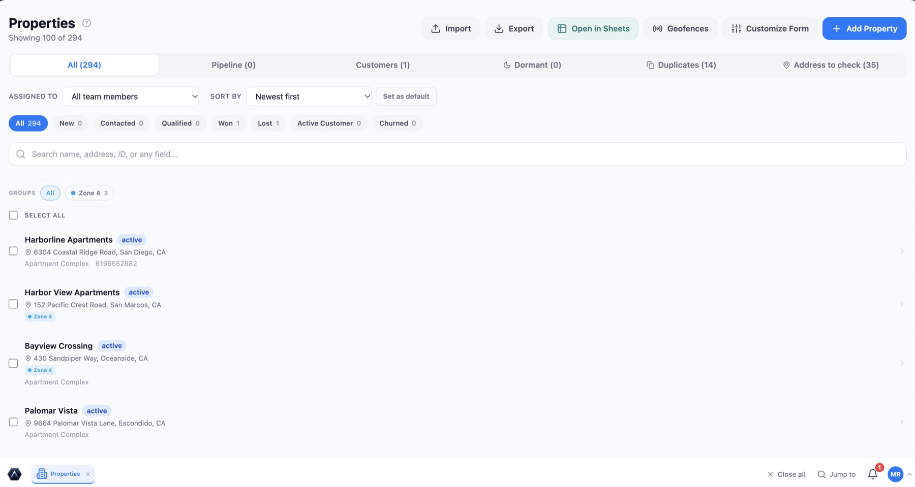 Properties list in AetrixCore CRM